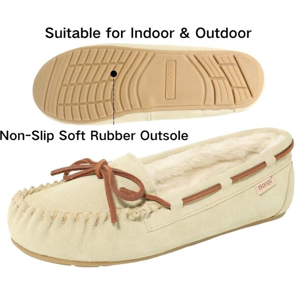 Women's Cream Leather Faux Fur Pile lined lace Up Cozy Bow Warm Slippers Boot - Picture 2 of 5